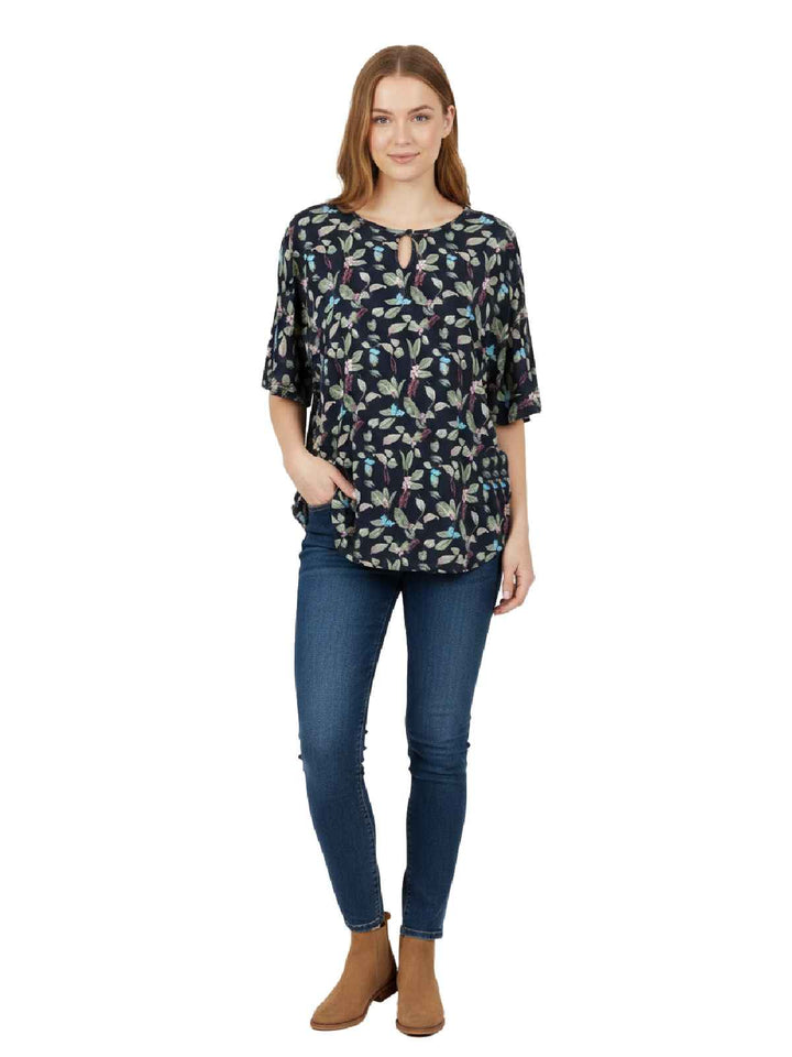 Alfred Dunner Navy Leaf Print Keyhole Neckline Blouse