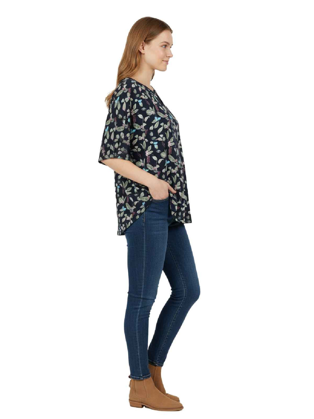 Alfred Dunner Navy Leaf Print Keyhole Neckline Blouse