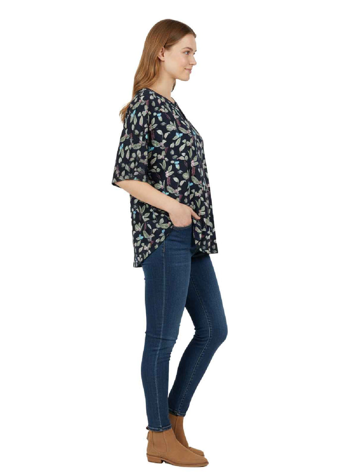 Alfred Dunner Navy Leaf Print Keyhole Neckline Blouse