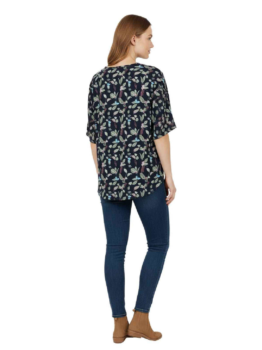 Alfred Dunner Navy Leaf Print Keyhole Neckline Blouse