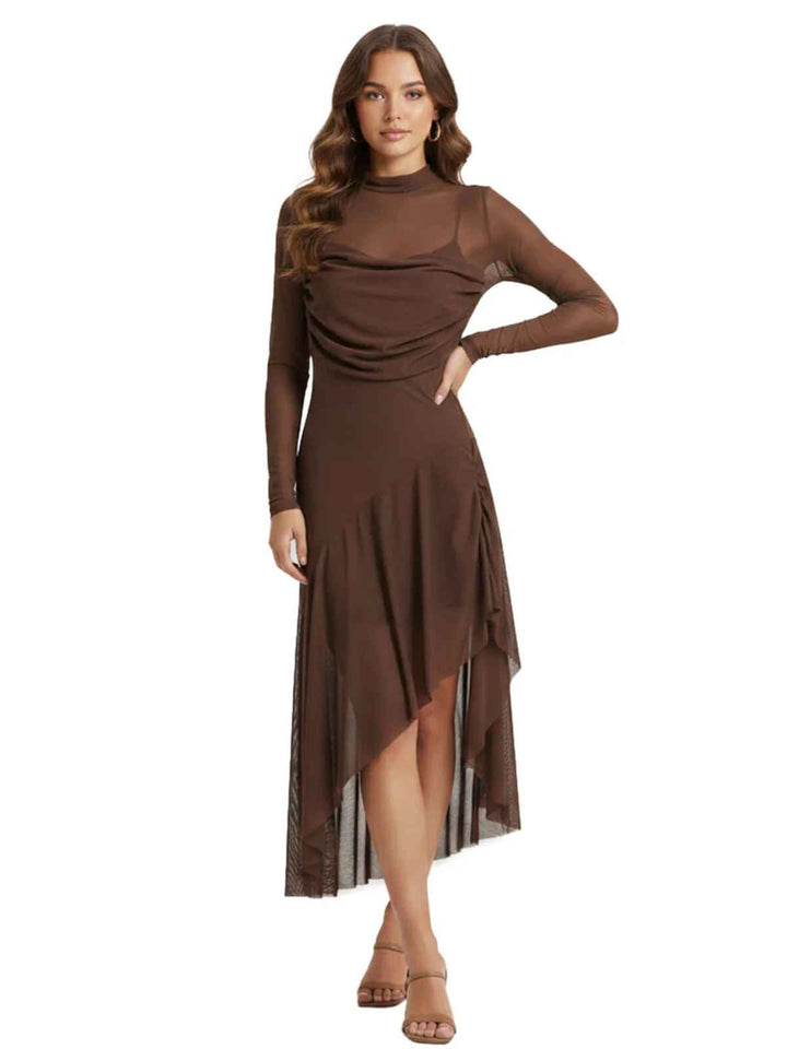 NBD Brown Mesh Long Sleeve Dress