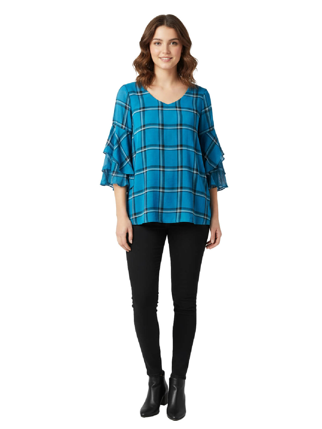 Crown & Ivy Plaid Ruffle Sleeve Blouse