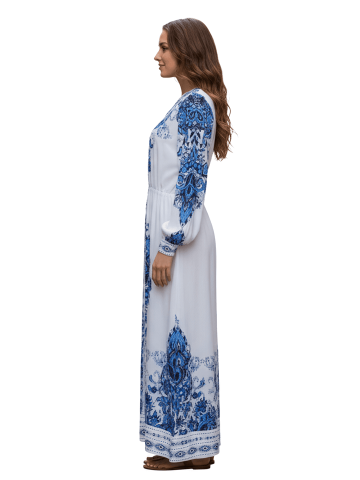 White Blue Print V-Neck Long Sleeve Dress