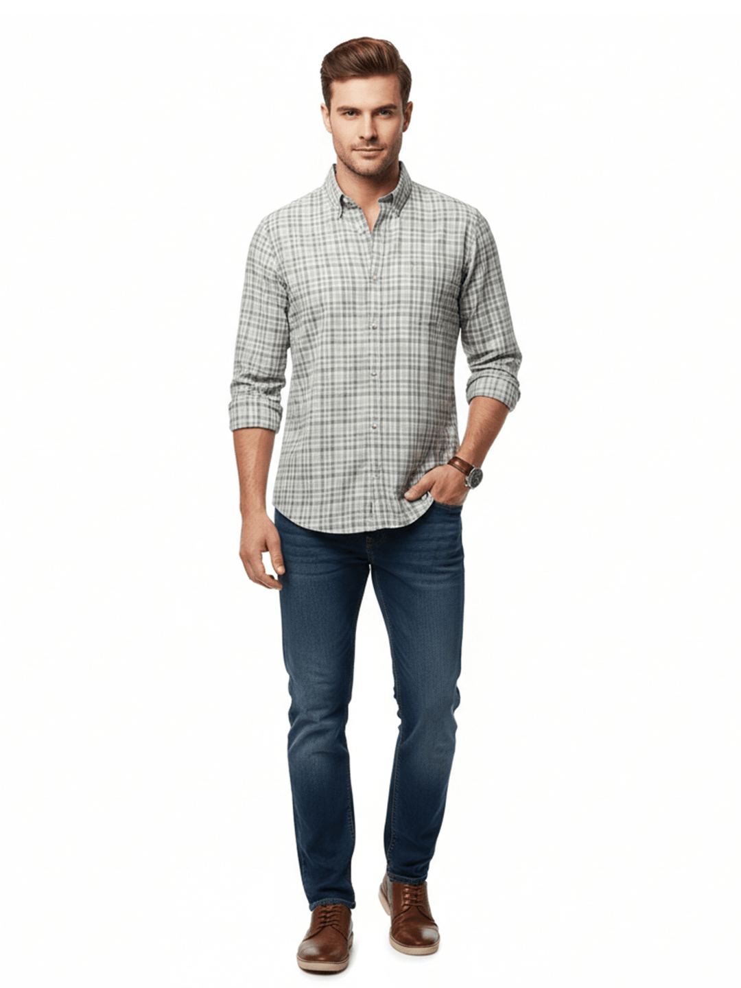 Gray Plaid Button-Down Shirt