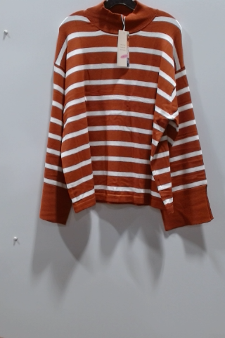 Brown and White Striped Mock Neck Long Sleeve Sweater
