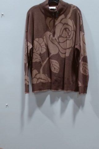 Brown Floral Print Half Zip Sweater