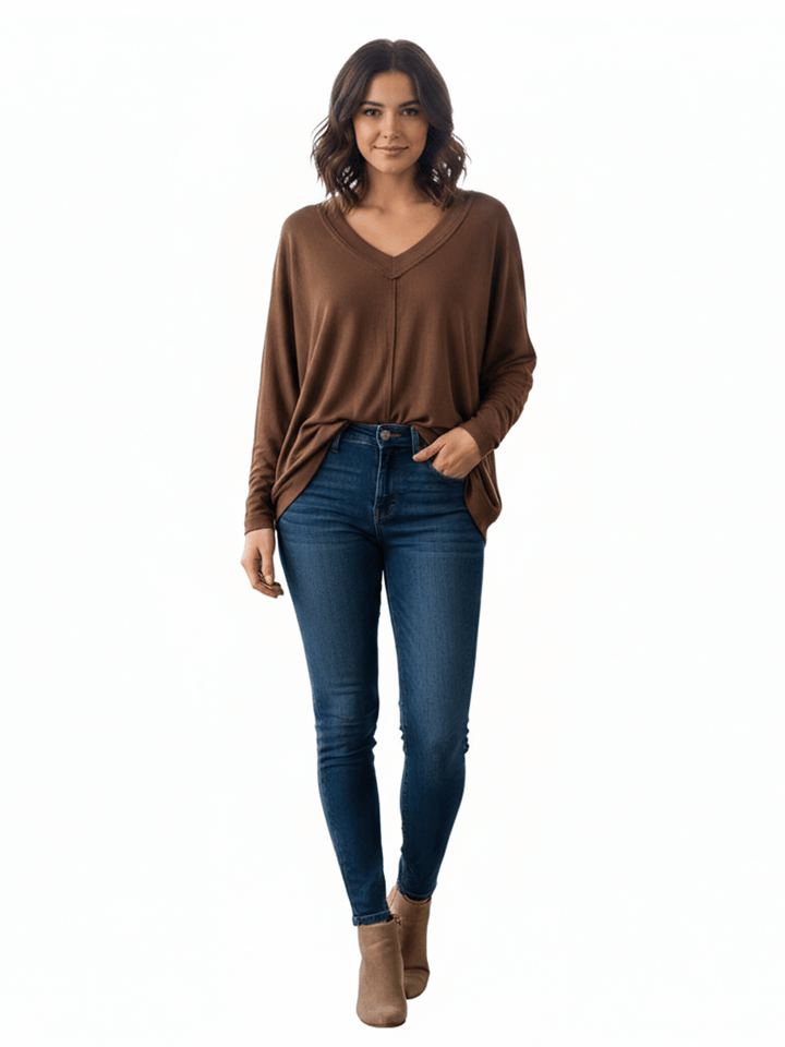 Brown Long Sleeve V-neck Top