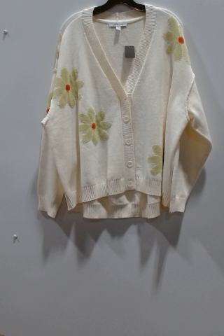 Love Tree Women's Ivory Daisy Embroidered V-Neck Long Sleeve Cardigan Sweater