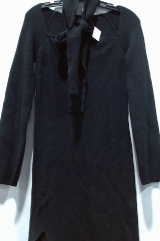 Women's Black Knit Tie Neck Long Sleeve Dress