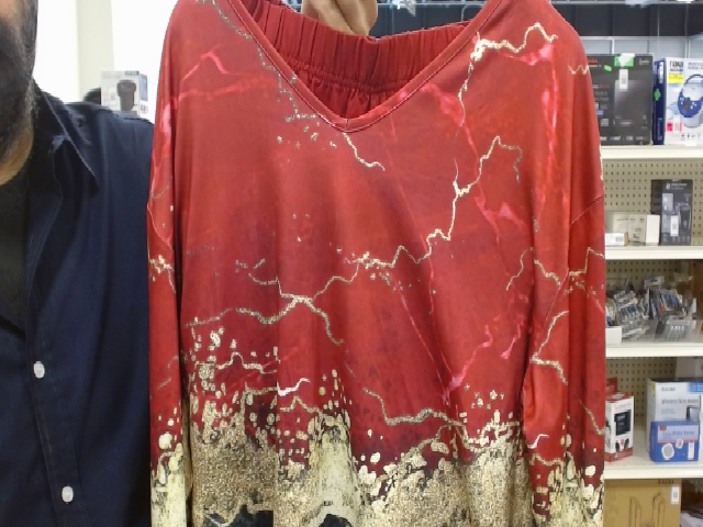 Red and Gold Patterned V-Neck Long Sleeve Top
