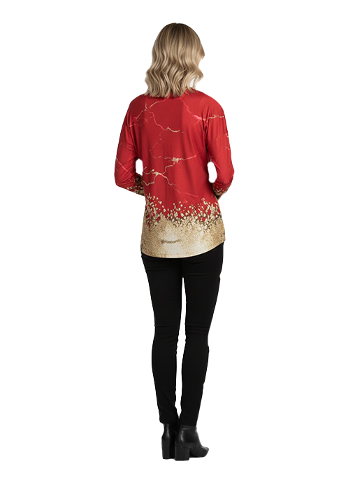 Red and Gold Patterned V-Neck Long Sleeve Top