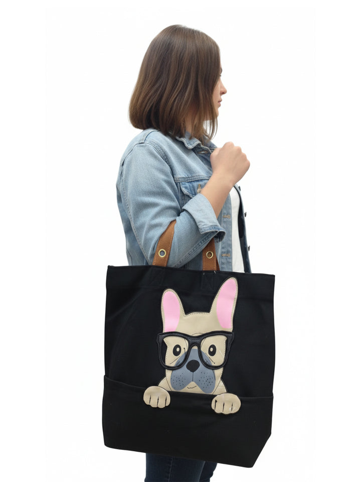 Black Canvas Tote Bag with French Bulldog Design