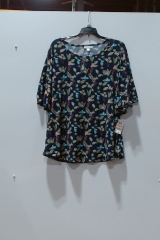 Alfred Dunner Navy Leaf Print Keyhole Neckline Blouse