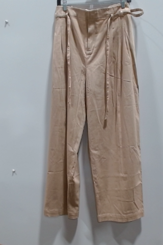 Beige Satin Tie Waist Wide Leg Pants