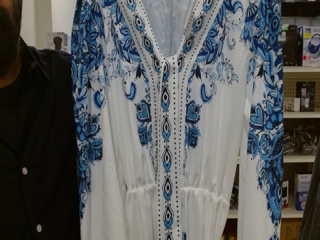 White Blue Print V-Neck Long Sleeve Dress