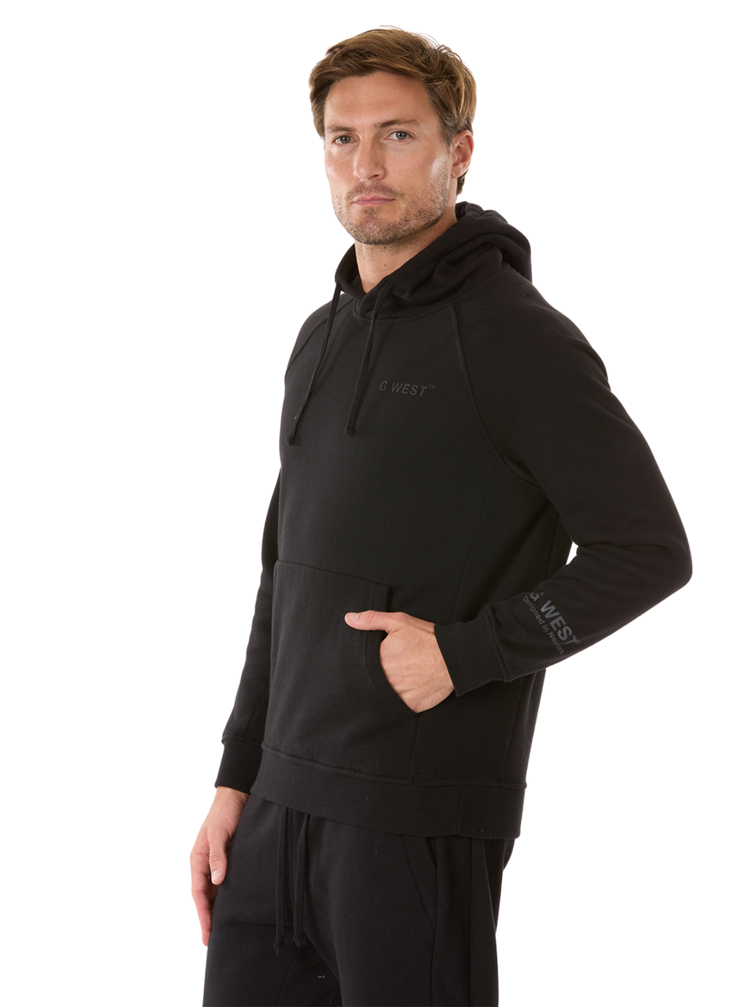 G WEST MENS FLEECE  PULLOVER HOODIE - JET BLACK