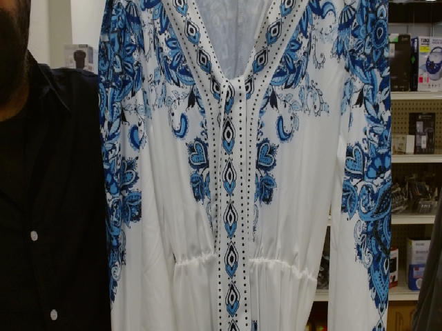 White Blue Print V-Neck Long Sleeve Dress