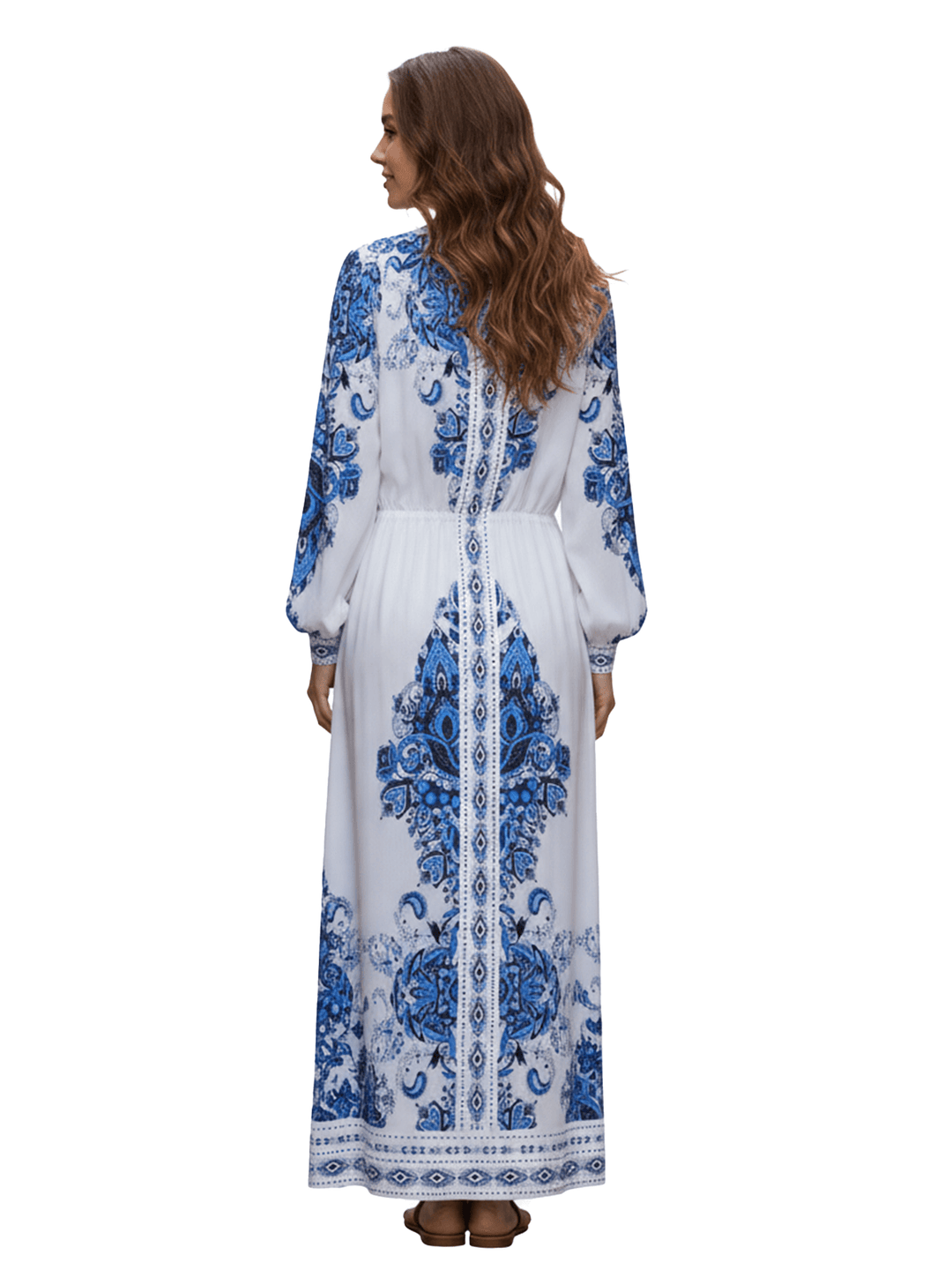 White Blue Print V-Neck Long Sleeve Dress