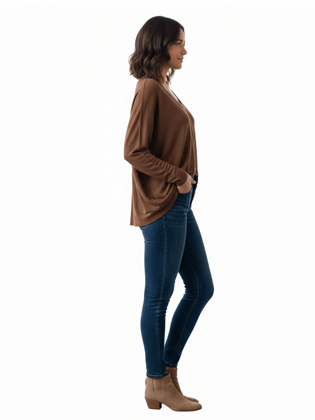 Brown Long Sleeve V-neck Top