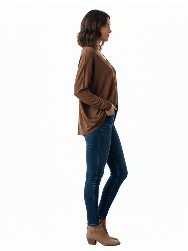 Brown Long Sleeve V-neck Top