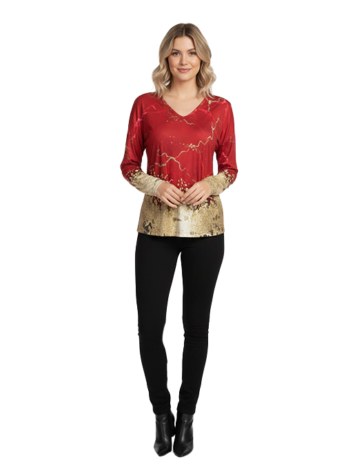 Red and Gold Patterned V-Neck Long Sleeve Top