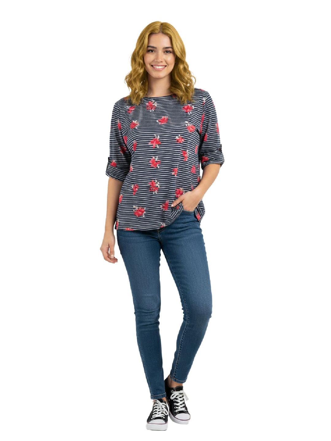 Style & Co Blue Floral Striped T-Shirt