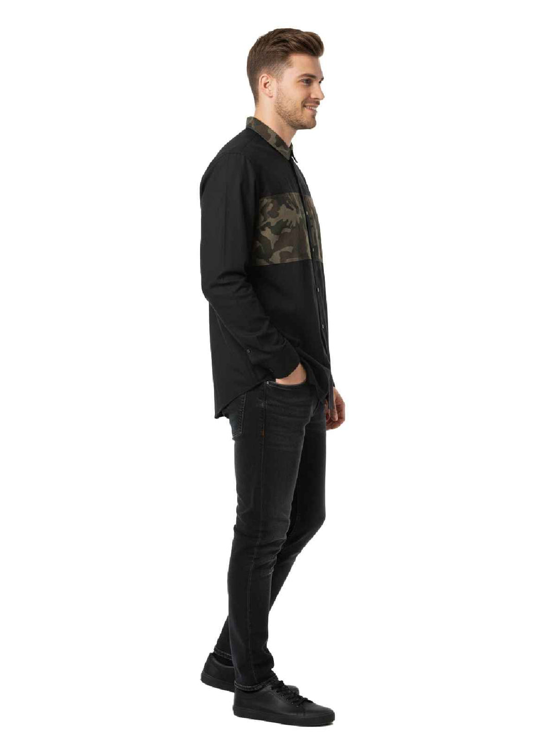 Black Camo Panel Button-Down Shirt