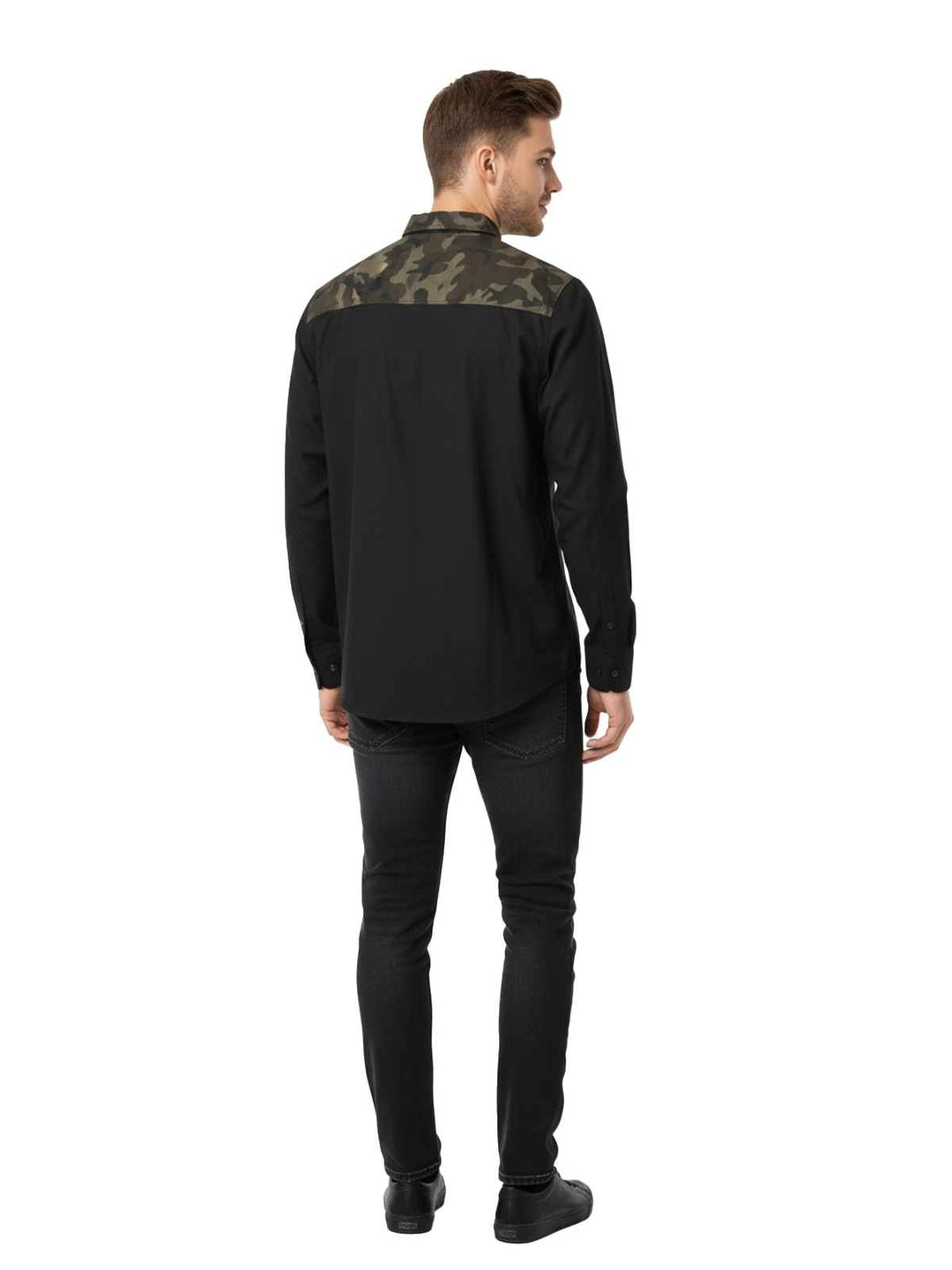 Black Camo Panel Button-Down Shirt