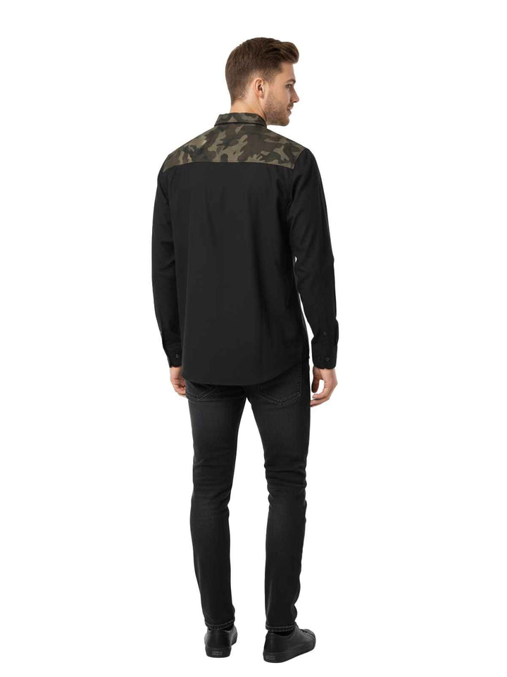 Black Camo Panel Button-Down Shirt