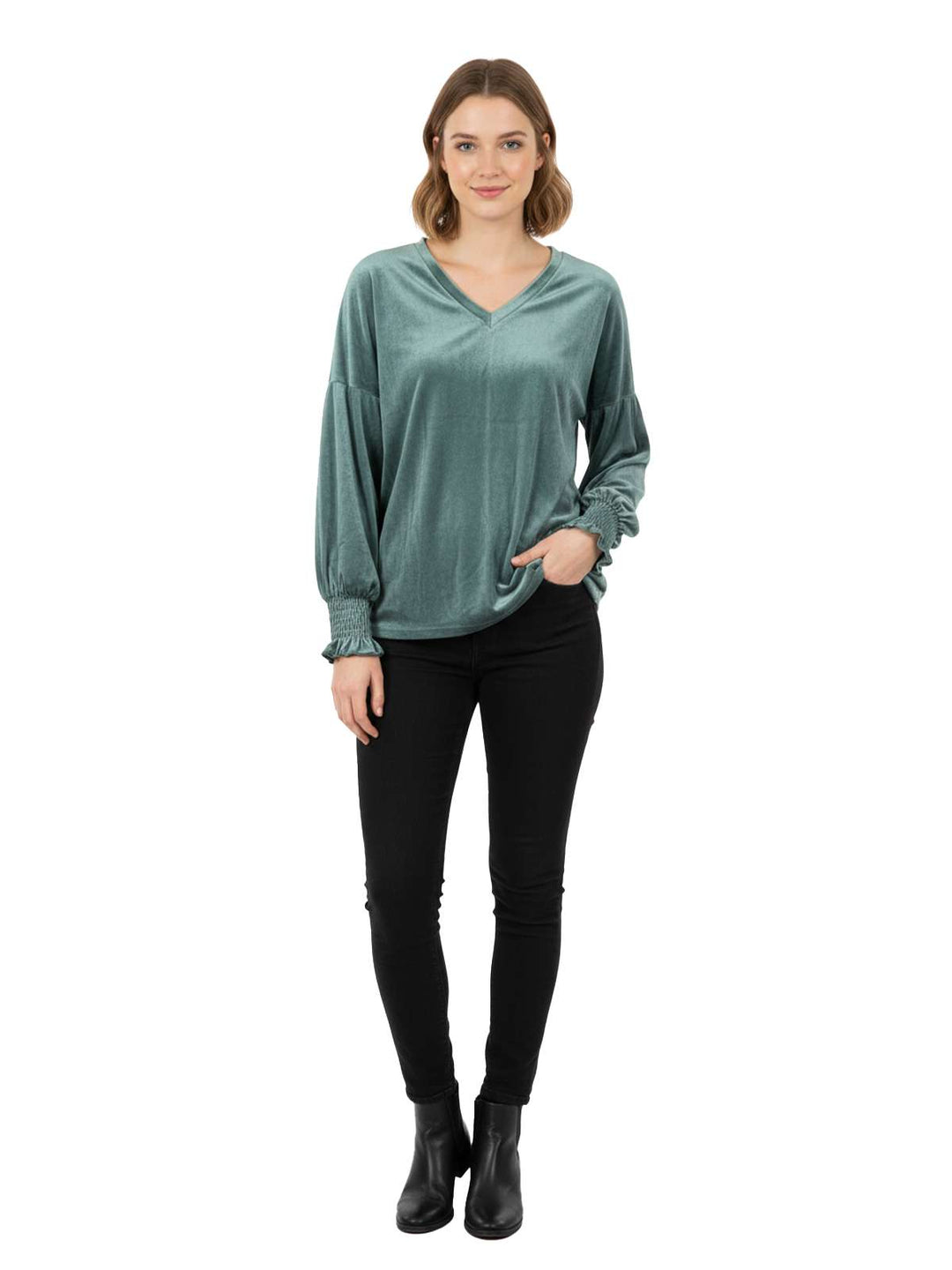 Teal V-Neck Long Sleeve Blouse