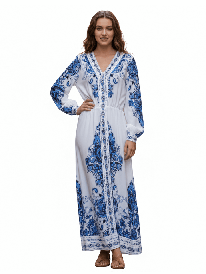White Blue Print V-Neck Long Sleeve Dress