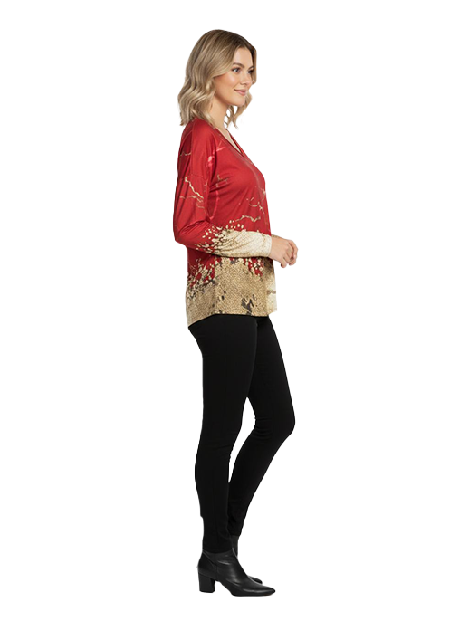 Red and Gold Patterned V-Neck Long Sleeve Top