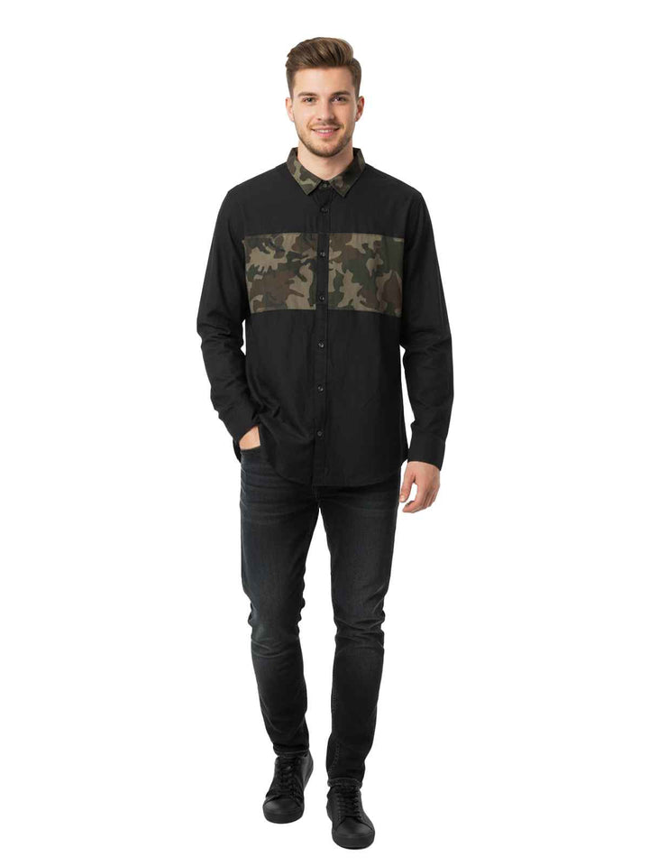 Black Camo Panel Button-Down Shirt