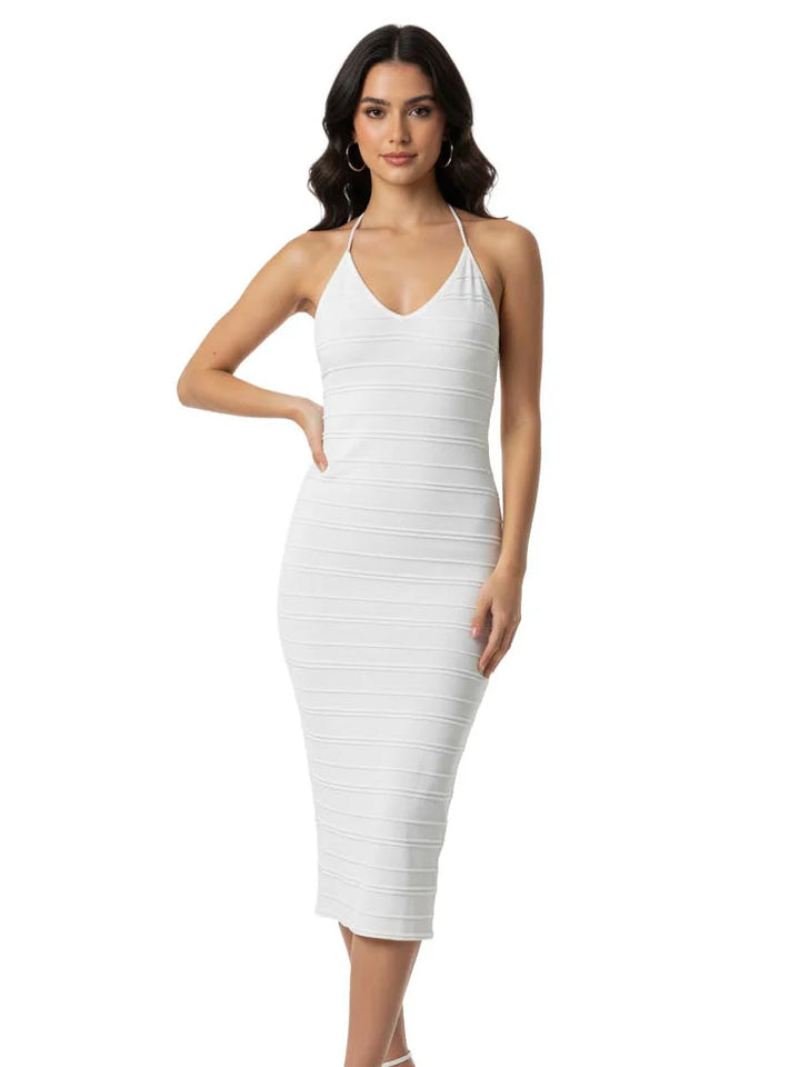 White Halter Neck Sleeveless Midi Dress
