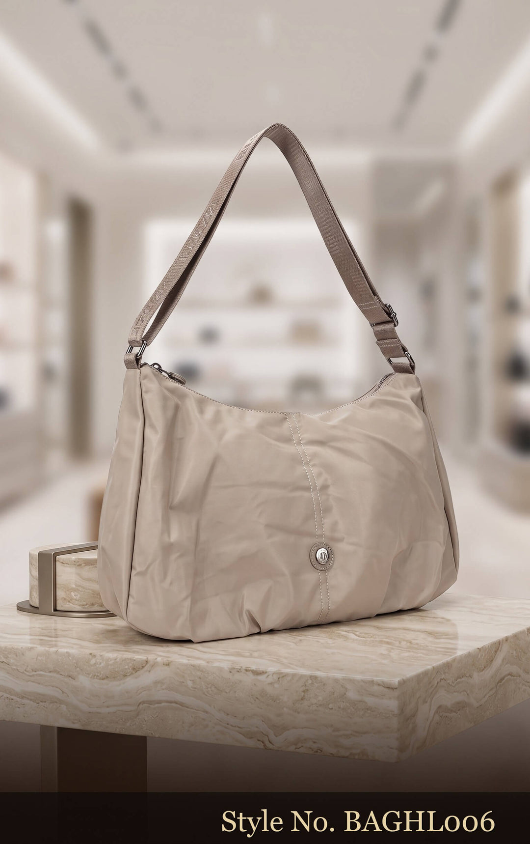 Beige Crescent Nylon Shoulder Bag - Stylish Lightweight Hand Bag