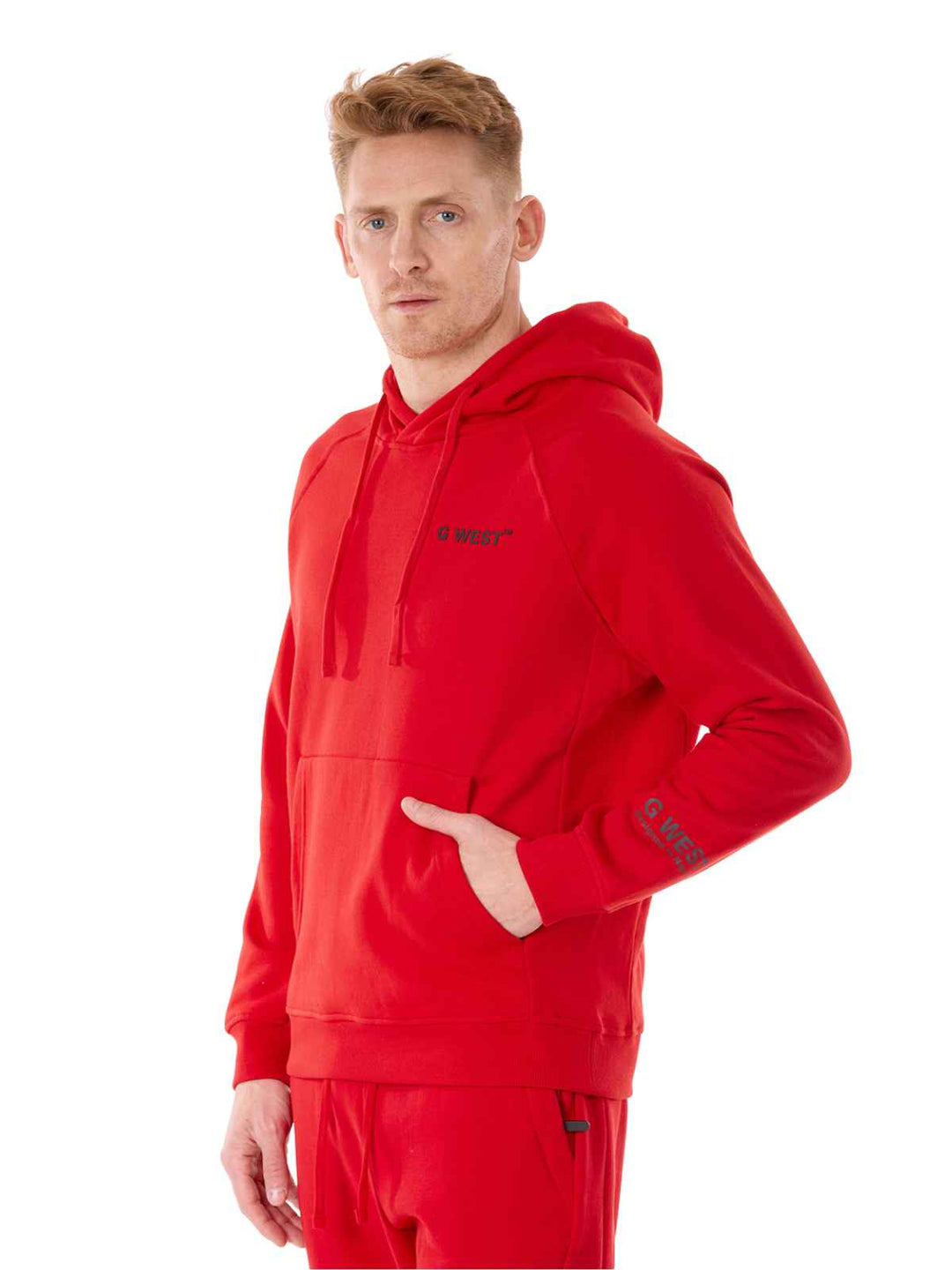 G WEST MENS FLEECE  PULLOVER HOODIE - RACING RED