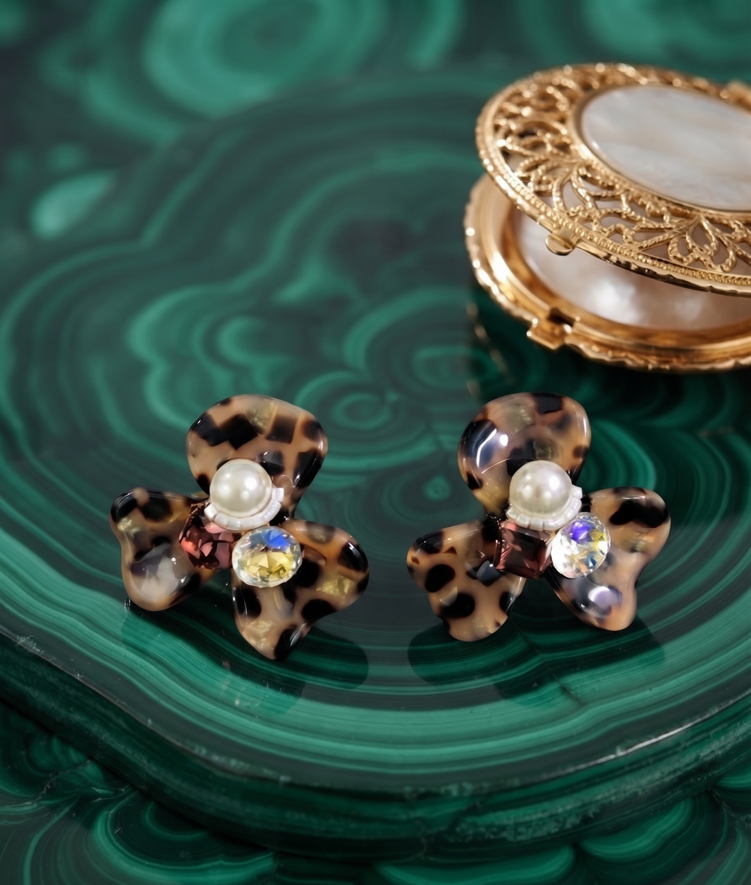 Tortoiseshell Bow Crystal Stud Earrings