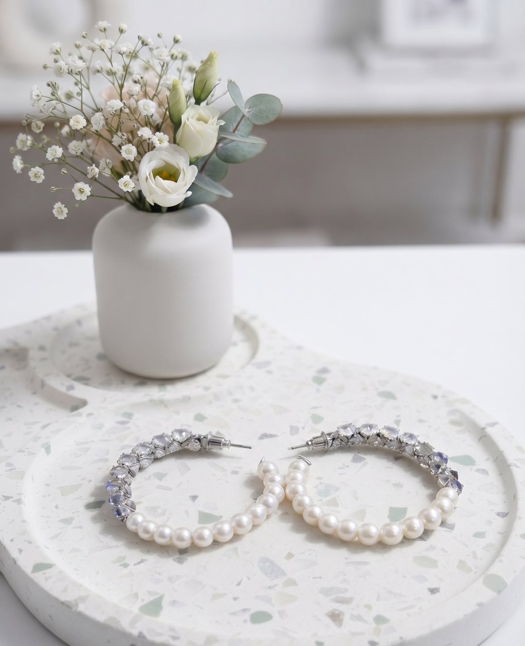 Pearl and Crystal Open Hoop Earrings