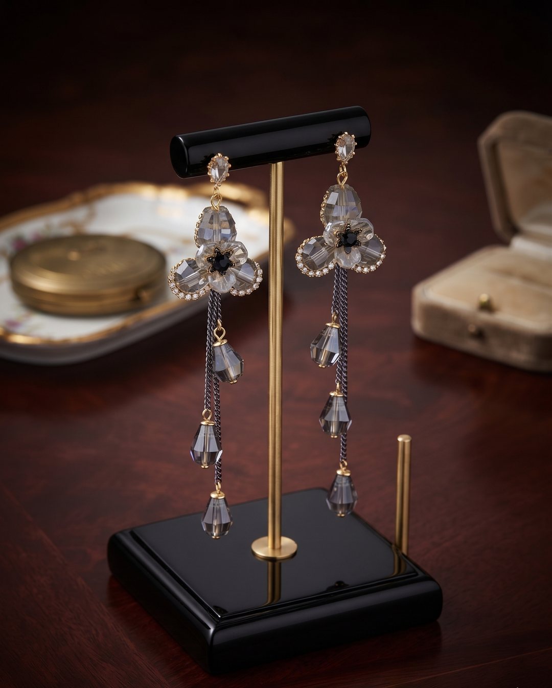 Gray Crystal Linear Drop Earrings