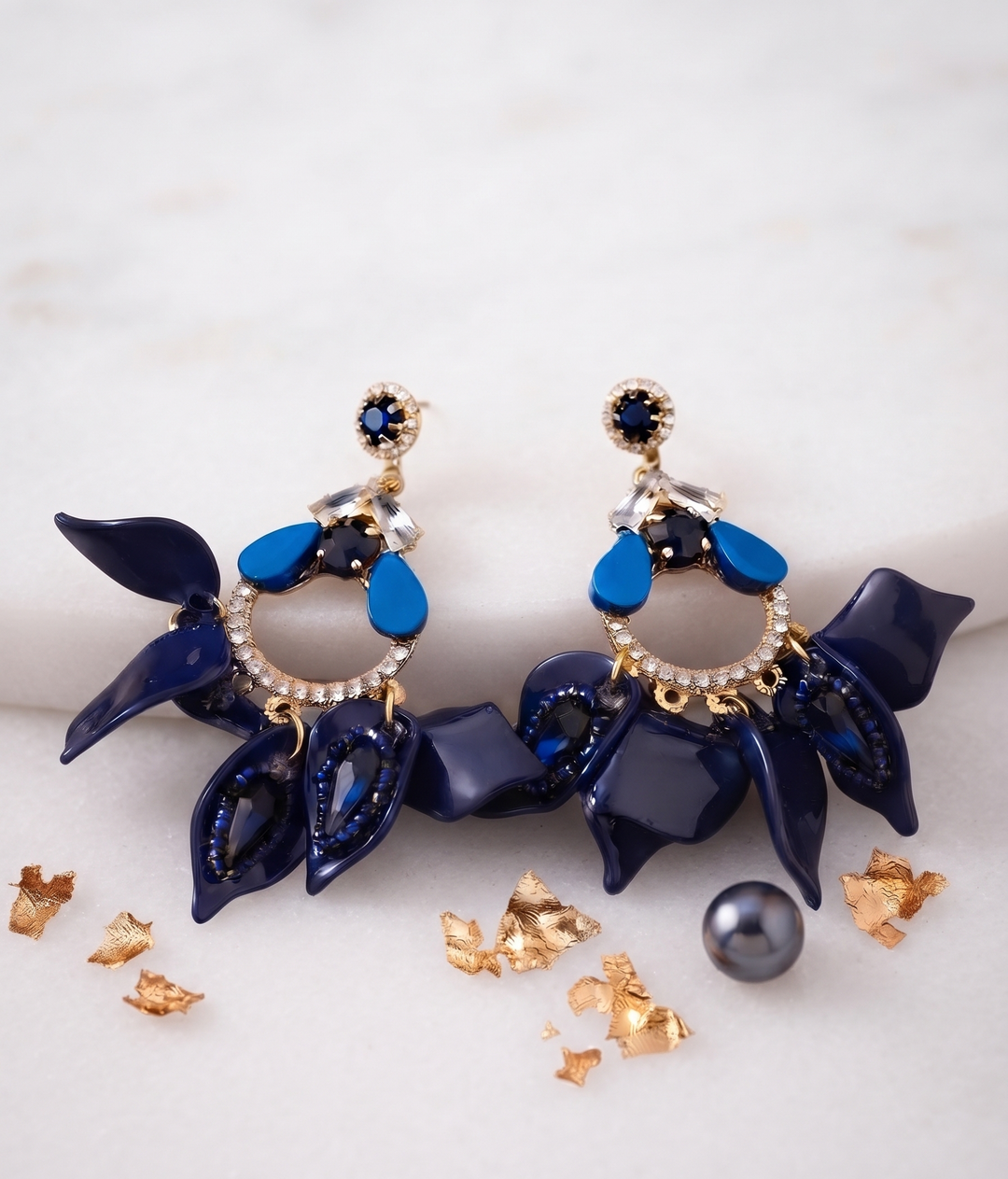 Navy Flower Statement Drop Earrings