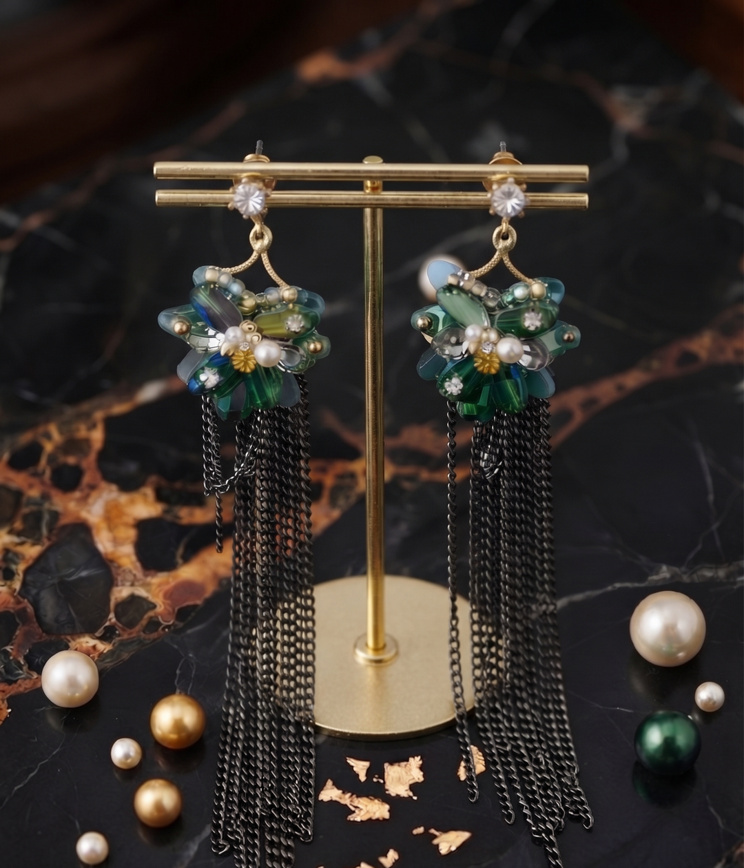 Green Crystal Chain Fringe Earrings