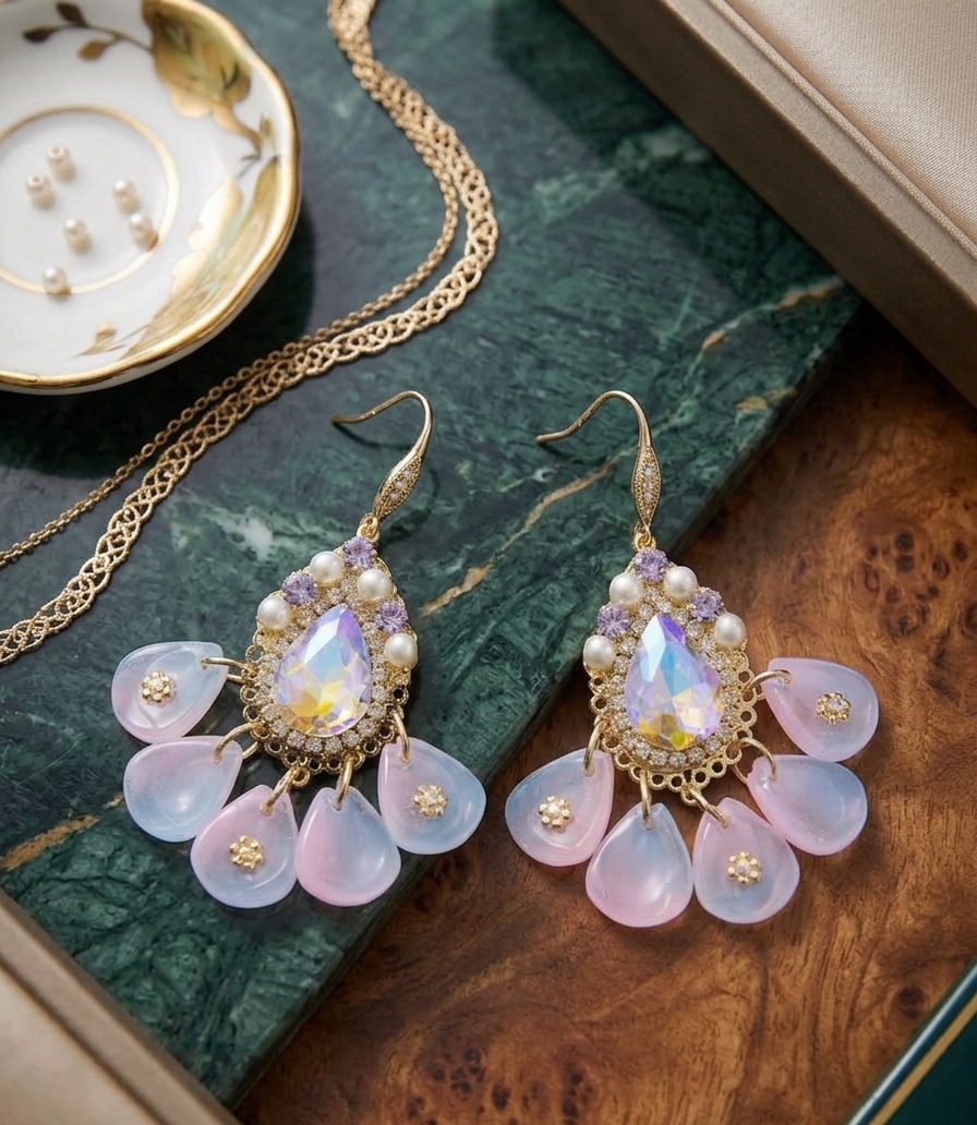Iridescent Pink Floral Drop Earrings