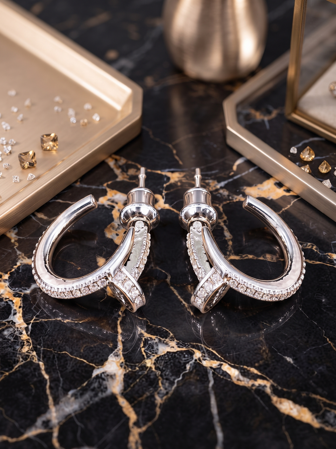 Silver Crystal Curve Huggie Earrings