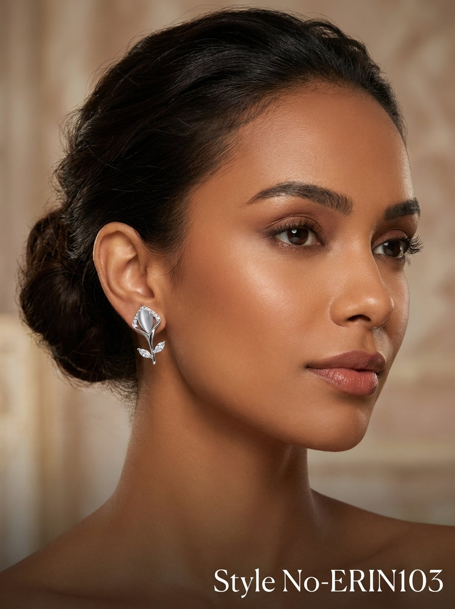 Chic Rhodium Plated Calla Lily Post Earrings With Marquise Leaves