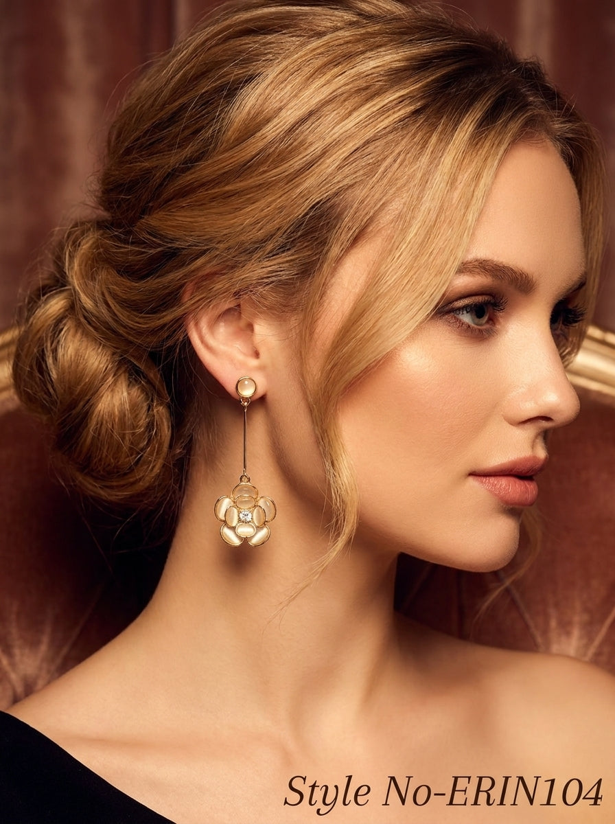 Gold Opal Camellia Flower Long Dangle Earrings Floral Drop Jewelry