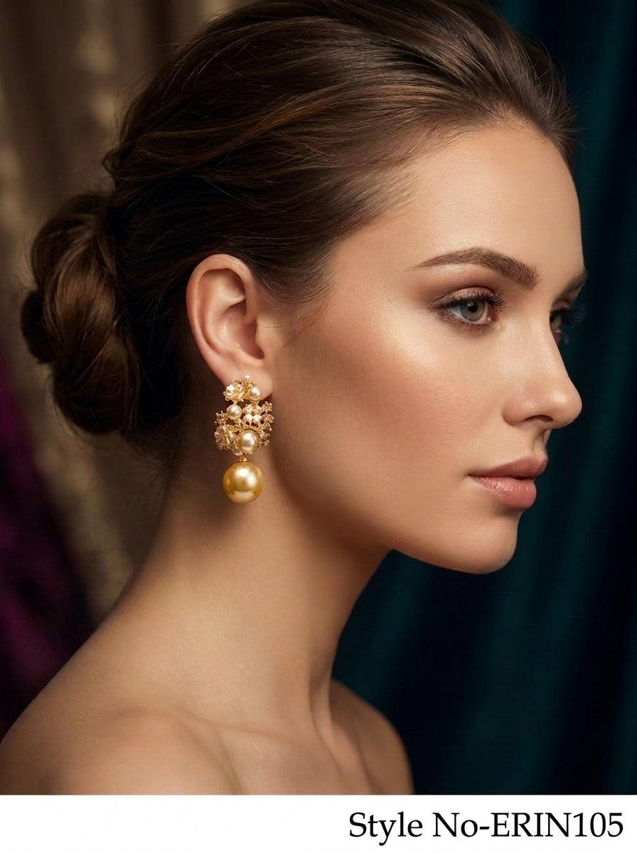 : Gold Champagne Pearl Floral Cluster Drop Earrings Statement Dangle Jewelry