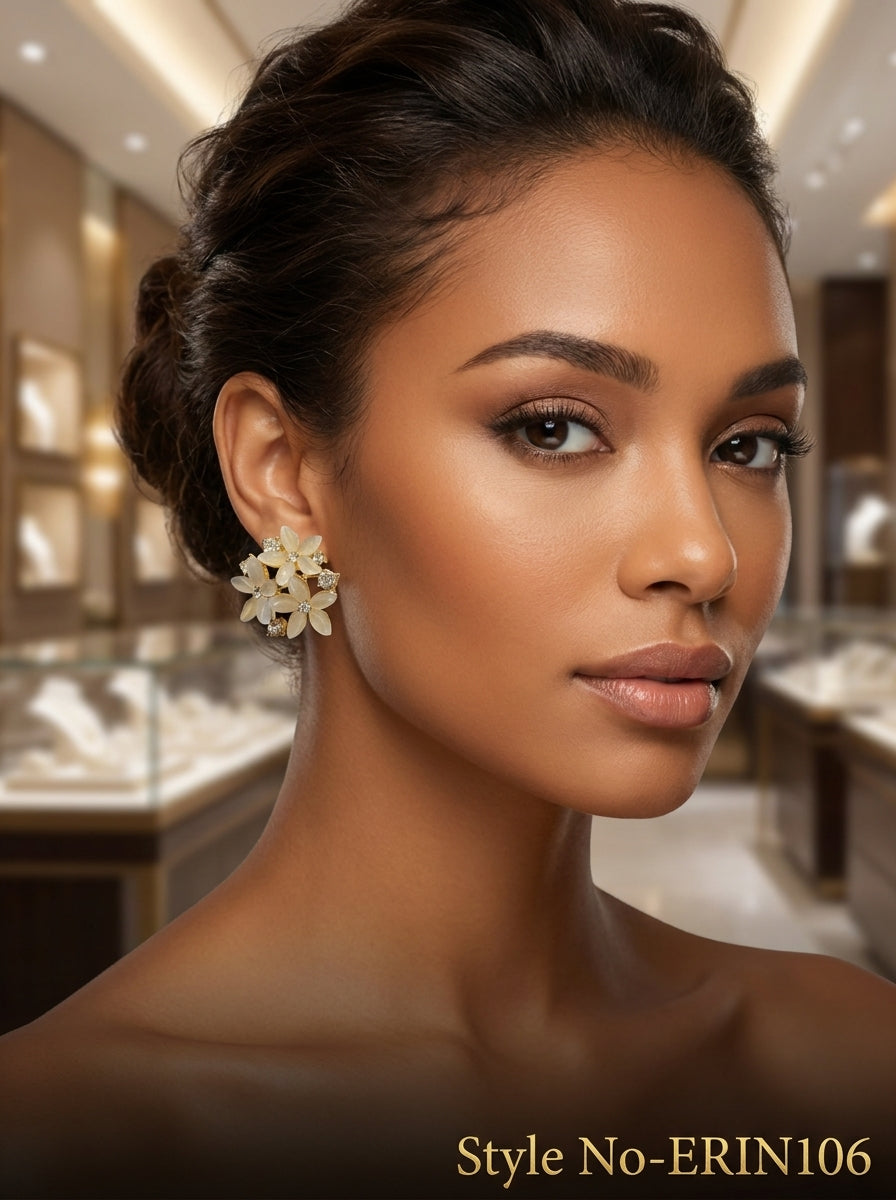 Chic Gold Plated Triple Flower Opal Petal Post Earrings