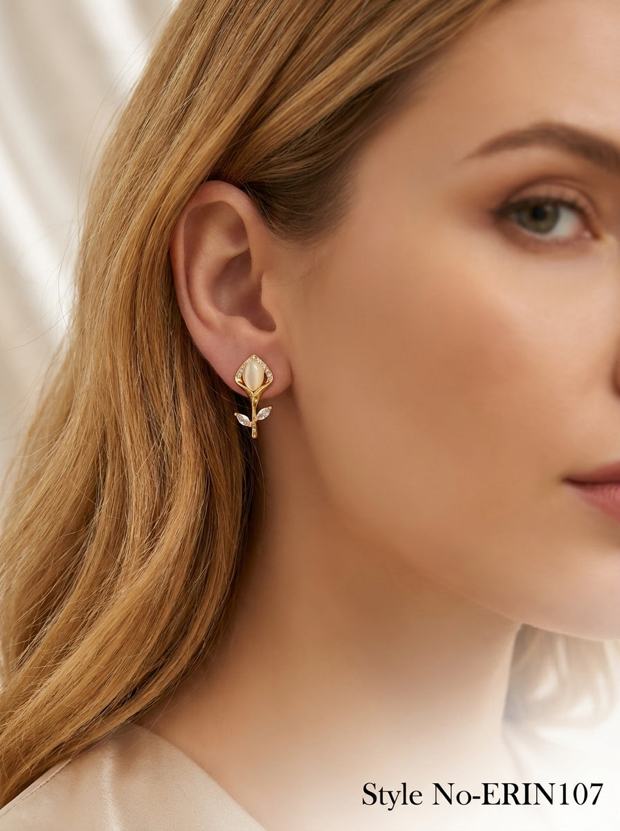 Chic Gold Plated Calla Lily Post Earrings With Marquise Leaves