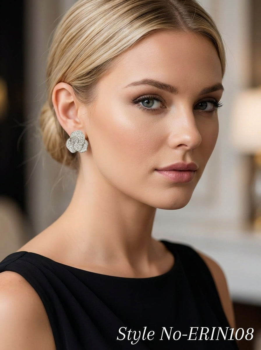 Gleaming Diamond Accent Camellia Floral Button Post Earrings For Women