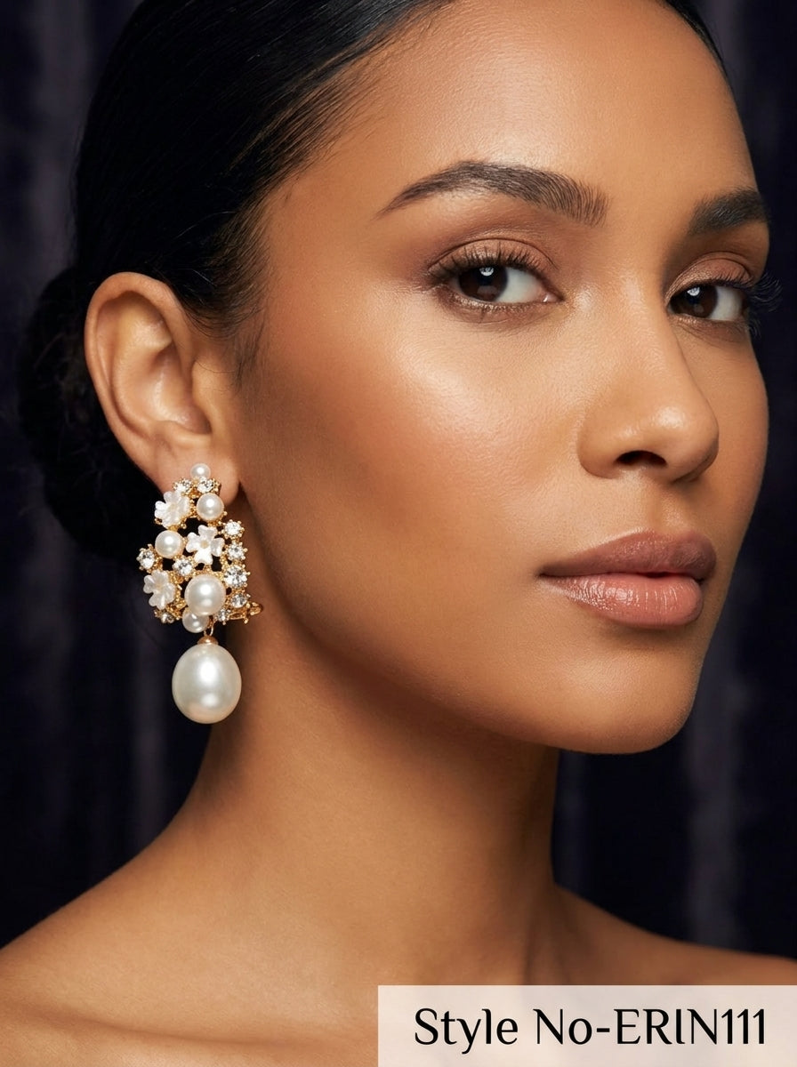 Gold White Pearl Floral Cluster Drop Earrings Crystal Bridal Dangles